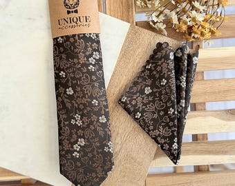 Brown Floral Necktie & Pocket Square Set: Wedding Groom Groomsmen Tie