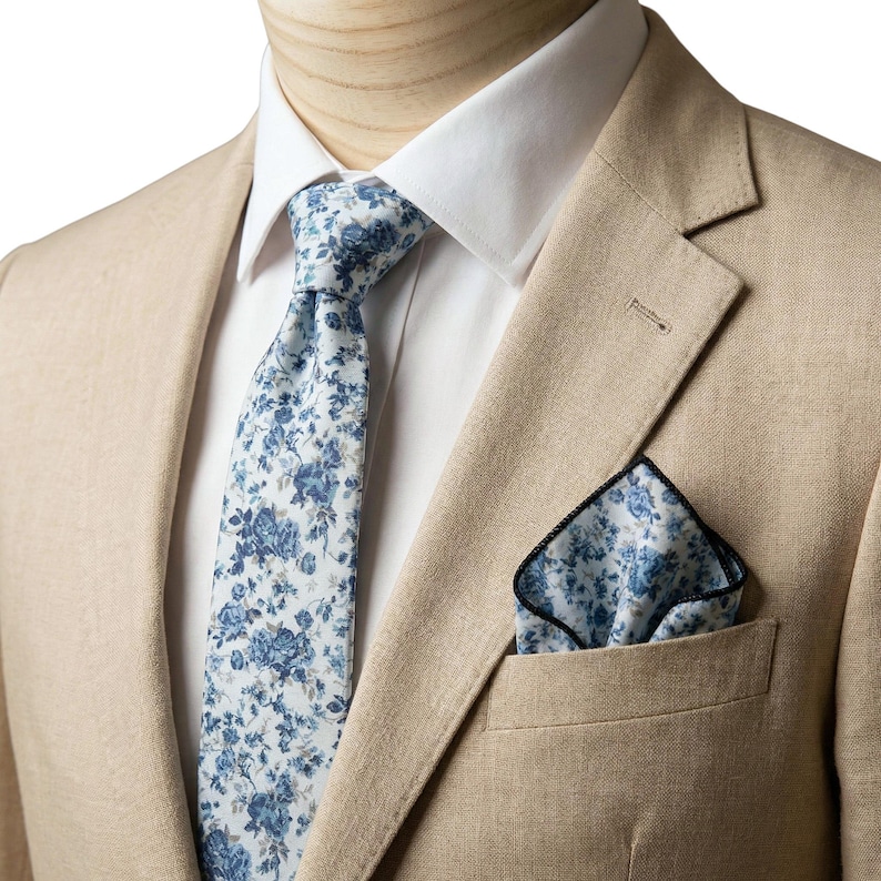 Dusty Blue Floral Necktie: Wedding Groomsmen Tie image 1