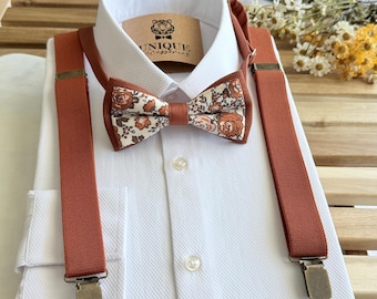 Burnt Orange Floral Bow Tie and Suspenders Set: Rustic Wedding Groomsmen