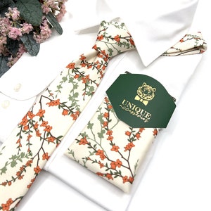 Dusty Orange Floral Wedding Tie: Groomsmen Necktie