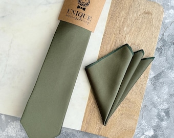 Olive Green Necktie & Pocket Square Set: Rustic Groomsmen Wedding Tie
