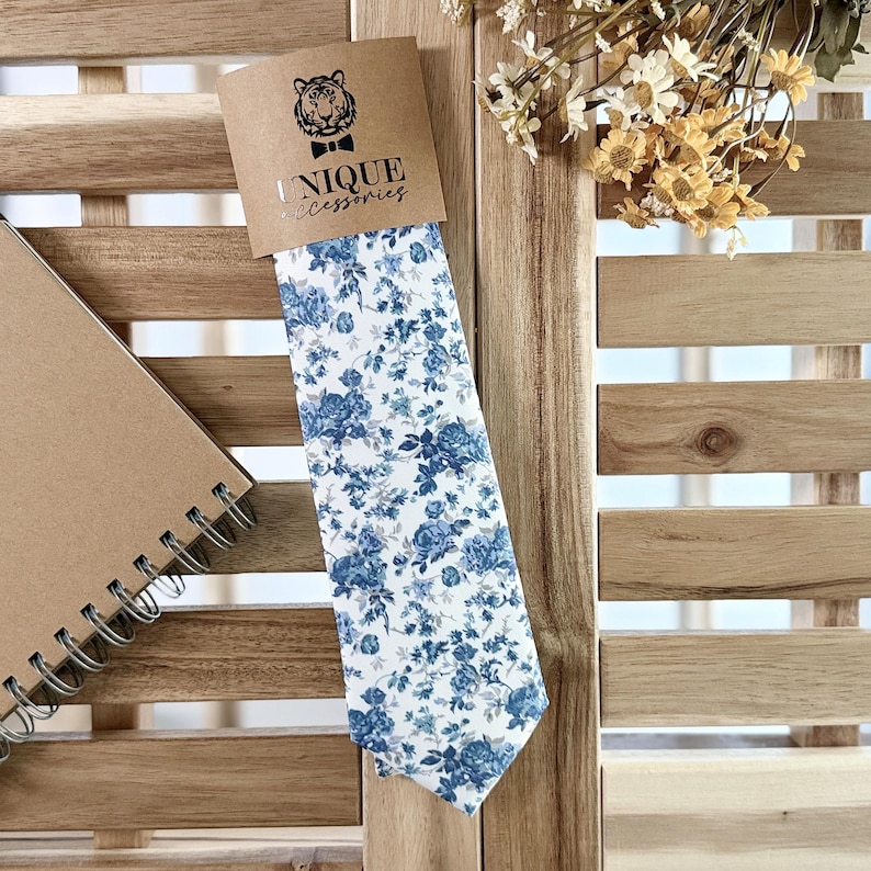 Dusty Blue Floral Necktie: Wedding Groomsmen Tie Tie Only
