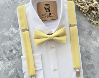 Pastel Yellow Linen Bow Tie & Suspenders Set - Kids Wedding Outfit