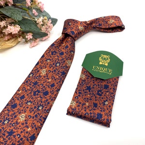 Brunt orange necktie, Navy blue mens neckties, Floral necktie, Groom necktie, Wedding tie, Mens necktie, Pocket square set