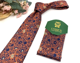 Brunt orange necktie, Navy blue mens neckties, Floral necktie, Groom necktie, Wedding tie, Mens necktie, Pocket square set