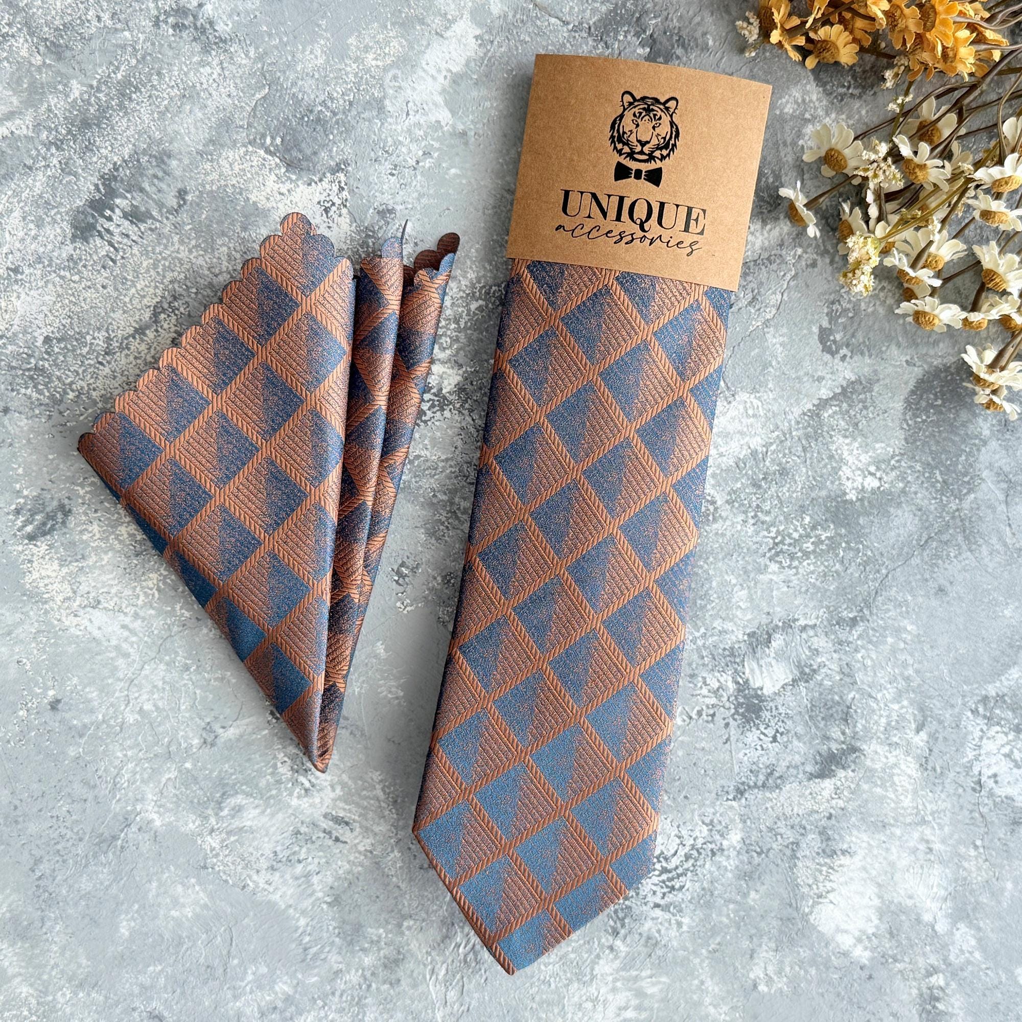 Blue Copper Geometric Tie Set | Groomsmen Wedding Necktie and Pocket Square, Groom Gift Tie