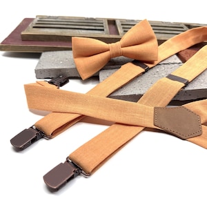 Peach Linen Suspender and Bow Tie Set: Wedding Groomsmen