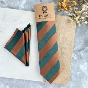 Green and Rust Striped Tie & Pocket Square Set: Groomsmen Wedding