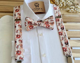 Burnt Orange Floral Suspenders and Bow Tie Set: Rustic Wedding