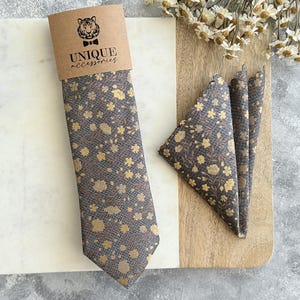 Charcoal Gray Tie and Pocket Square Set, Gold Floral Necktie for Groom & Groomsmen