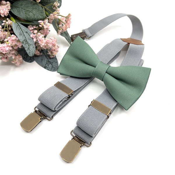 Gray Suspenders, Sage Green Bow tie, Bow Tie, Suspender Bow Tie, Groomsmen Gift, Wedding Suspenders, Groom suspenders, Groomsmen Suspenders