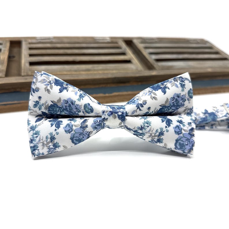 Dusty Blue Floral Necktie: Wedding Groomsmen Tie Bow tie Only