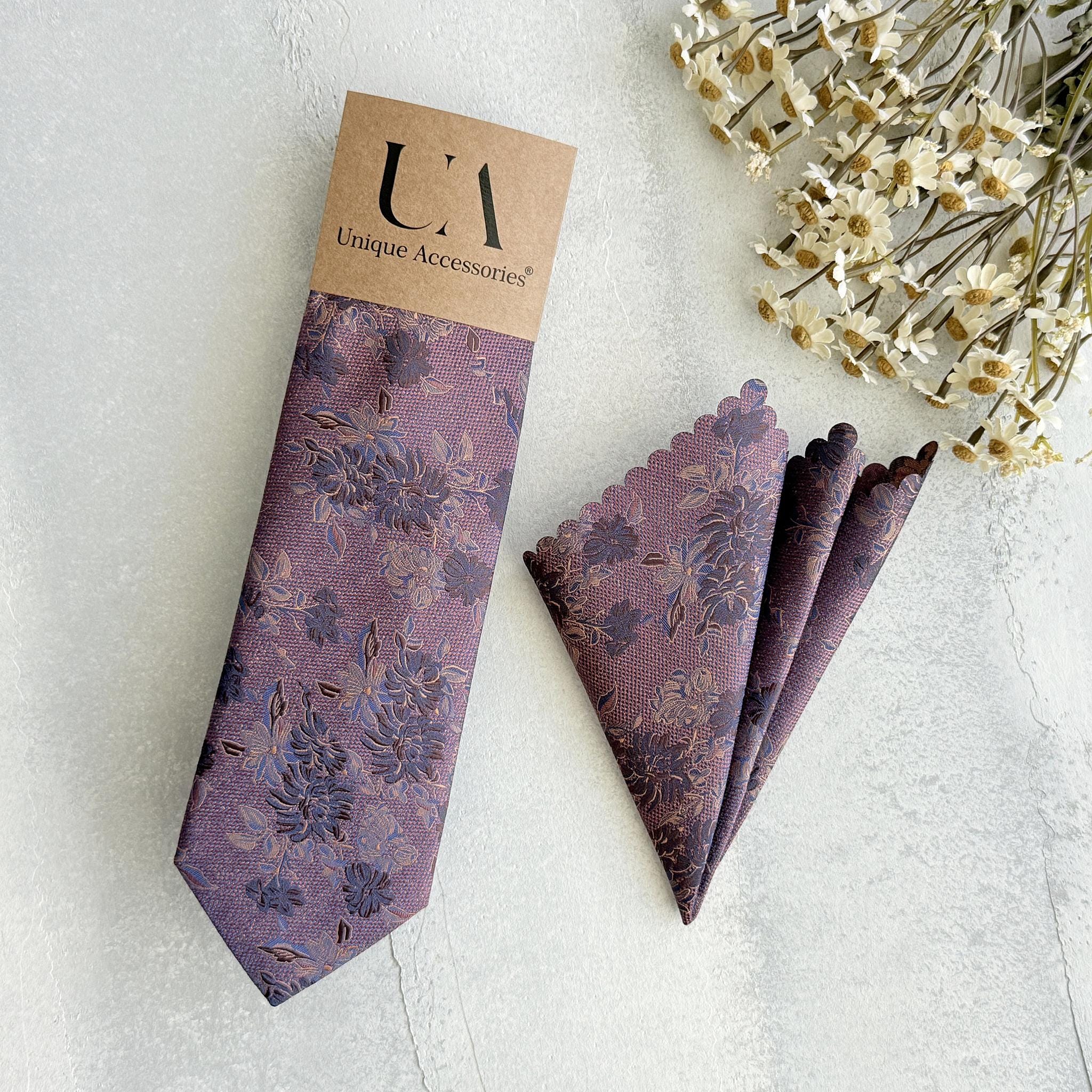 Dusty Purple Floral Tie & Pocket Square Set: Rustic Wedding