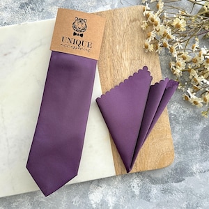 Plum Purple Necktie and Pocket Square Set, Purple Groomsmen Tie for Fall or Formal Weddings