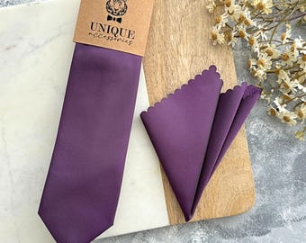 Plum Purple Necktie & Pocket Square Set: Formal Wedding Groomsmen Tie