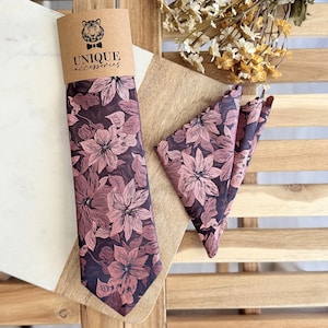 Navy Blue Floral Tie, Dusty Rose Floral Tie, Wedding Floral Necktie, Groomsmen Tie Set, Groom Gift, Fall Wedding Tie