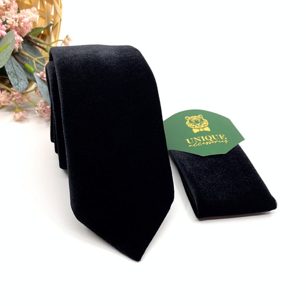 Velvet Necktie, Black velvet necktie, Mens Neckties, With Matching, Pocket Square Handkerchief Option, Mens Necktie