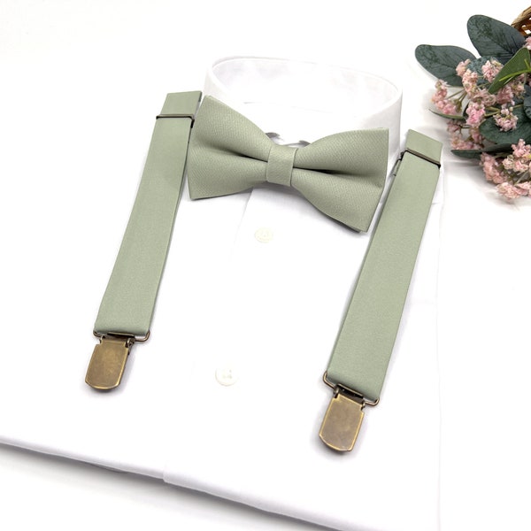 Dusty Green Suspenders, Pale Green Bow tie, Bow Tie, Suspender Bow Tie, Wedding Suspenders, Groomsmen Suspenders, Ring bearer outfit