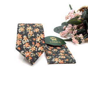 Orange Floral Necktie, Floral Neckties, Olive Green Necktie, Same matching, Groom necktie, Wedding tie, Mens necktie, Pocket square set
