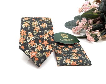 Orange Floral Necktie, Floral Neckties, Olive Green Necktie, Same matching, Groom necktie, Wedding tie, Mens necktie, Pocket square set