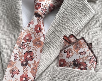 Rust Floral Tie Set, Rustic Wedding Groomsmen Tie, Boho Necktie