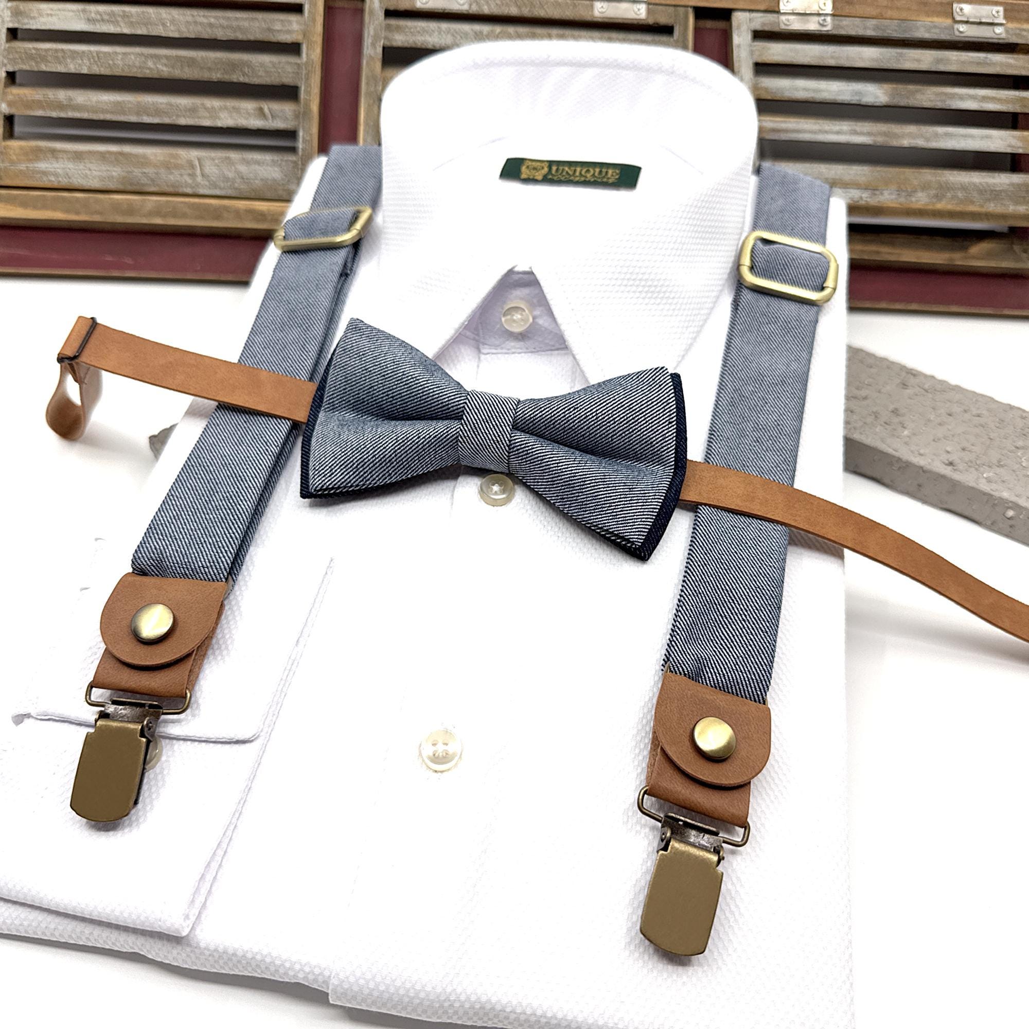 Denim Blue Suspenders, Denim Blue Bowtie, Suspender Bowtie Set, Denim Suspender, Wedding Suspenders, Groomsmen Suspenders