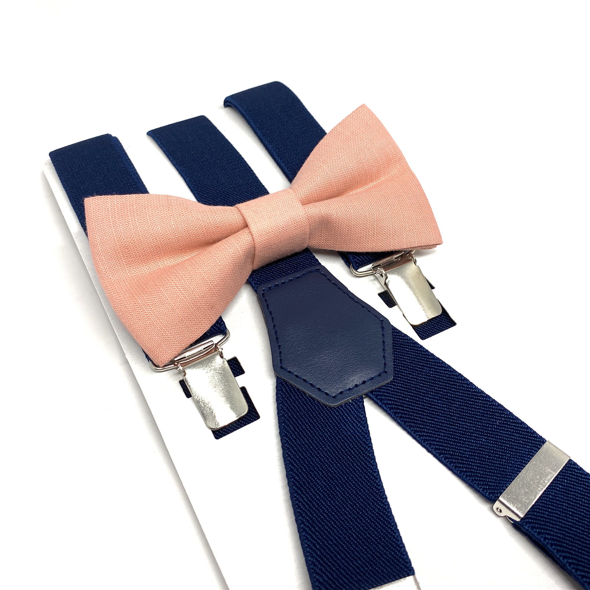 Linen Blush Pink Bow Tie & Navy Blue Suspenders Bow Tie Etsy