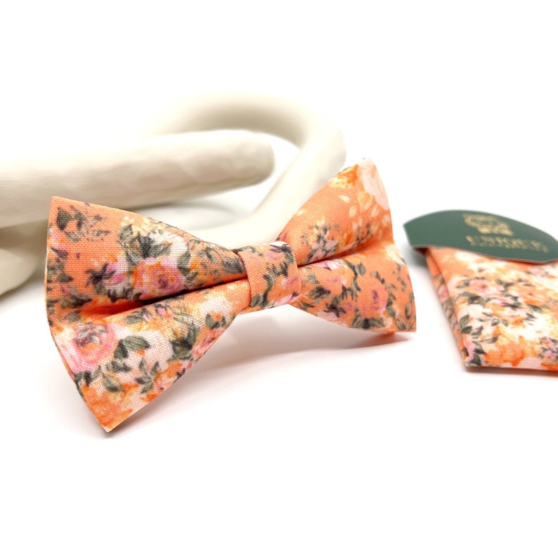 Floral Bow tie, Orange Bow tie, Christmas Gift, Same matching, Mens Bowtie, Pocket square set image 1