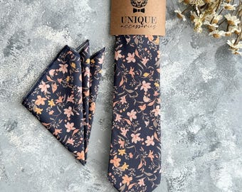Navy Floral Tie Set: Blush Peach Wedding Necktie, Groomsmen Ties