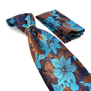 Turquoise floral necktie, Burnt floral mens Neckties, With matching, Navy necktie, Mens necktie, Pocket square set