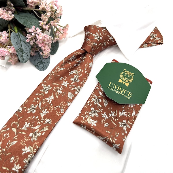 Bronze Rust Necktie, Silk Floral Neckties, Rustic Wedding Floral Tie, Same matching, Groom necktie, Wedding tie, Mens necktie