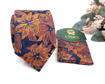 Corbata floral quemada, corbatas florales para hombre, con juego, corbata azul marino, opción de pañuelo cuadrado de bolsillo, corbata para hombre, conjunto cuadrado de bolsillo