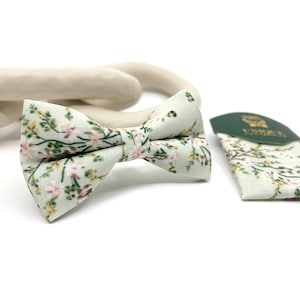 Dusty Sage Green Floral Bow Tie: Mens Pocket Square Set