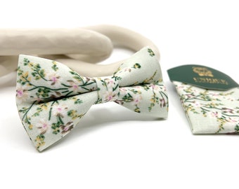 Dusty Sage Green Floral Bow Tie: Mens Pocket Square Set