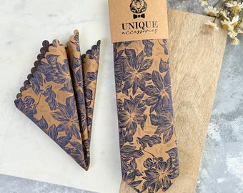 Amber Floral Necktie: Navy Wedding Tie, Groomsmen Gift