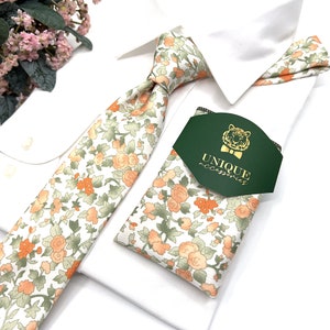 Dusty Green Floral Neckties, Pale Orange Floral tie, Wedding Floral Tie, Groomsmen Neckties, Groom Gift Tie, Groom necktie, Wedding tie