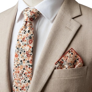Burnt Orange Floral Necktie: Wedding Groomsmen Tie