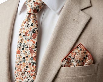 Burnt Orange Floral Necktie: Wedding Groomsmen Tie