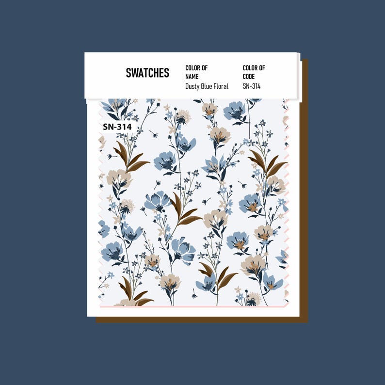 May include: Swatch of Dusty Blue Floral fabric with a white background and a small floral pattern. The swatch is labeled "SN-314".