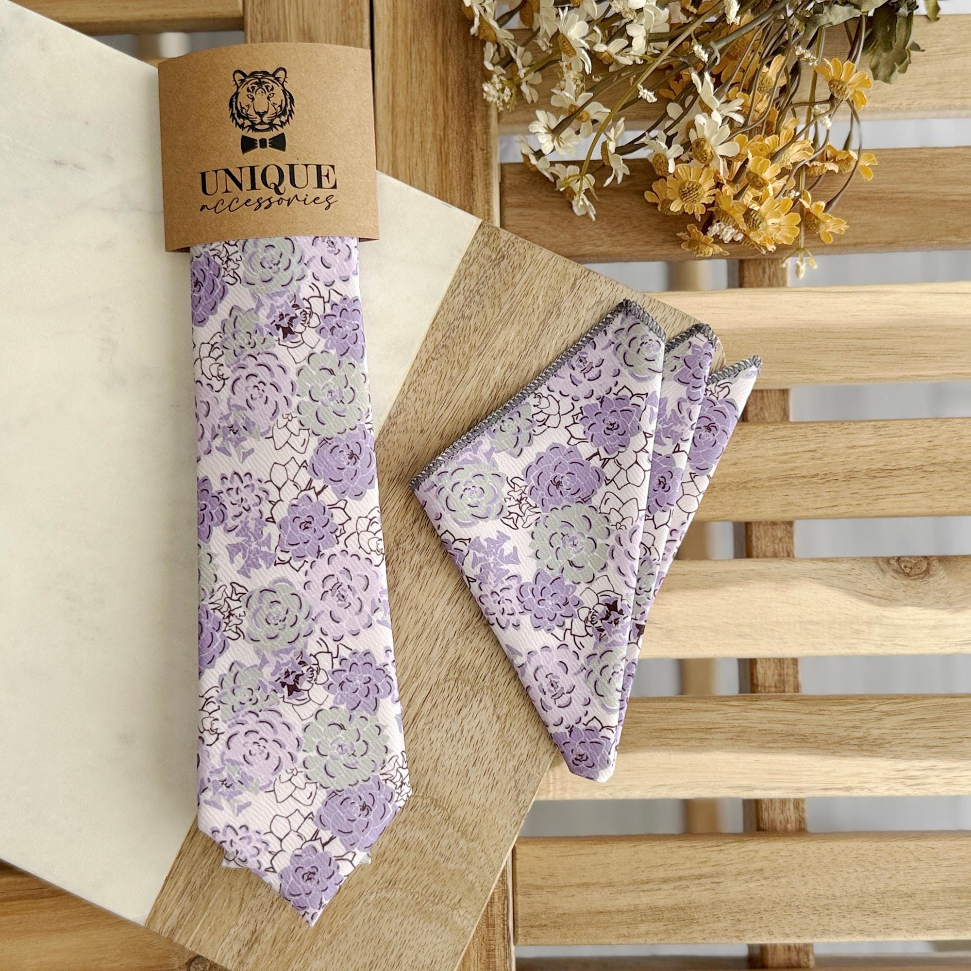 Lavender Floral Necktie & Pocket Square Set: Sage Green Wedding