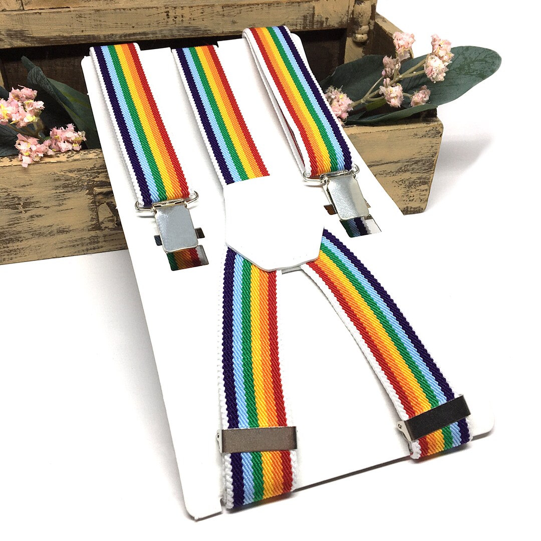 Rainbow Suspenders, Pride Suspenders, White Leather Suspenders, Boys