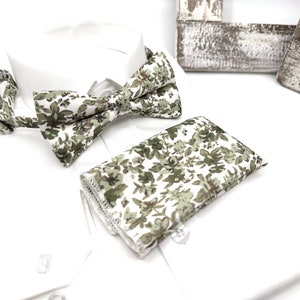 Olive Green Bow tie, Floral Groom Bow tie, Wedding Floral Bow tie, Groomsmen Bow ties, Wedding Bow tie, Groom Gift, Groom Bow tie Bow Pocket Square