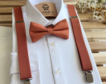 Burnt Orange Suspenders and Bow Tie Set, Groomsmen Accessories, Wedding Suspender, Groom Suspenders, Terracotta Set