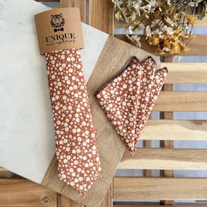 Burnt Orange Ditsy Floral Necktie and Pocket Square Set, Floral Wedding Tie, Boho Groomsmen Tie, Fall Groom Accessories