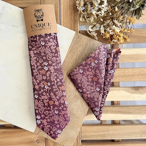 Wine Floral Necktie & Pocket Square Set: Orange Flower Wedding Tie