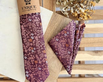 Wine Floral Necktie & Pocket Square Set: Orange Flower Wedding Tie