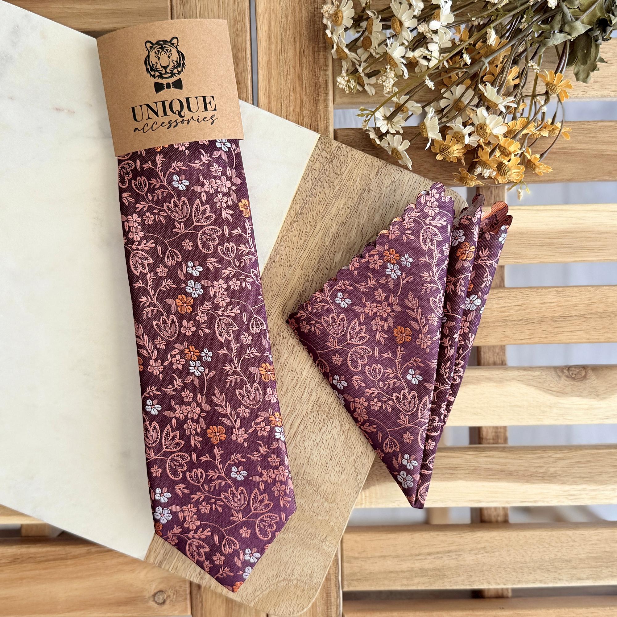Wine Floral Necktie & Pocket Square Set: Orange Flower Wedding Tie
