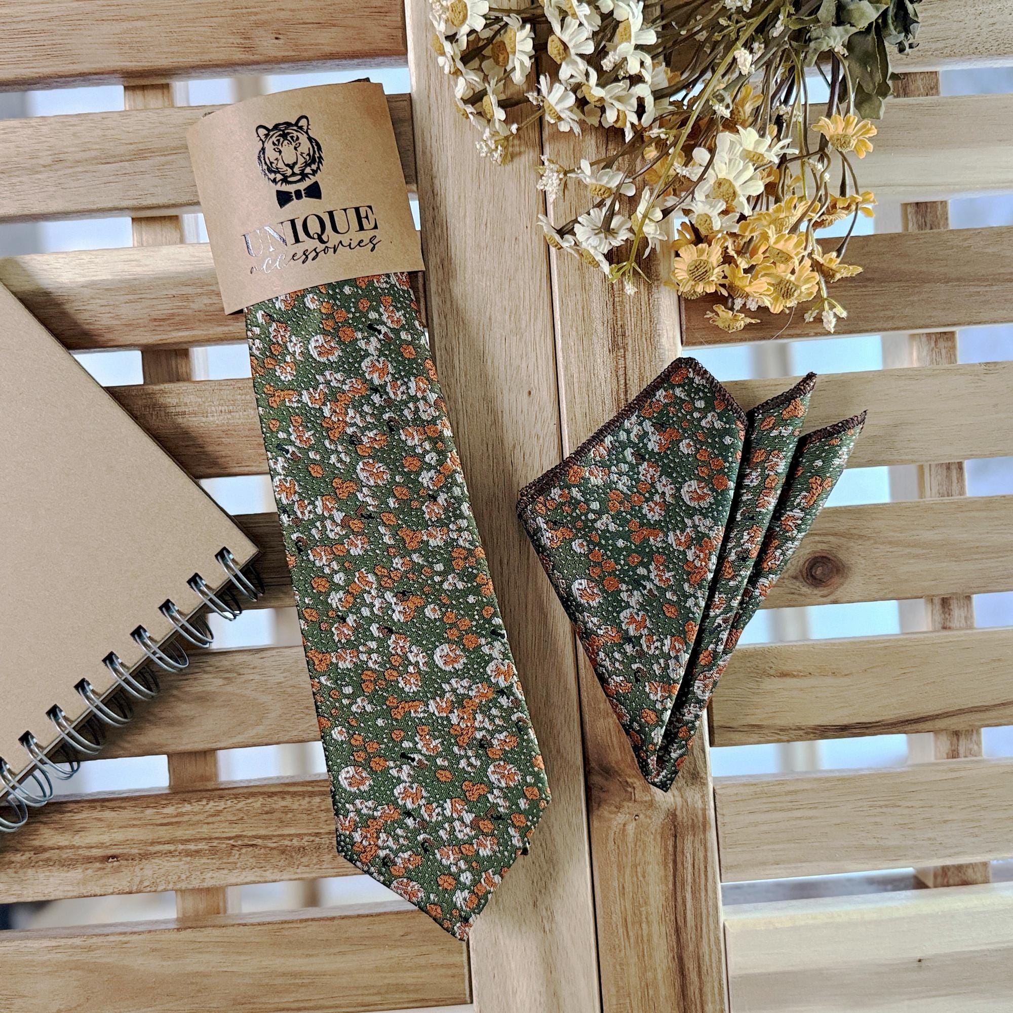 Burnt Orange Floral Necktie: Green Mens Wedding Groom Tie