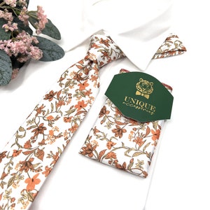 White Necktie, Terracotta Floral Neckties, Wedding Floral Tie, Same matching, Groom necktie, Wedding tie, Mens necktie, Pocket square set