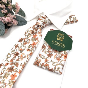 White Necktie, Terracotta Floral Neckties, Wedding Floral Tie, Same matching, Groom necktie, Wedding tie, Mens necktie, Pocket square set